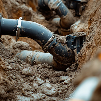 Preventative maintenance and scheduled servicing of commercial plumbing pipes in a muddy trench at a construction site.